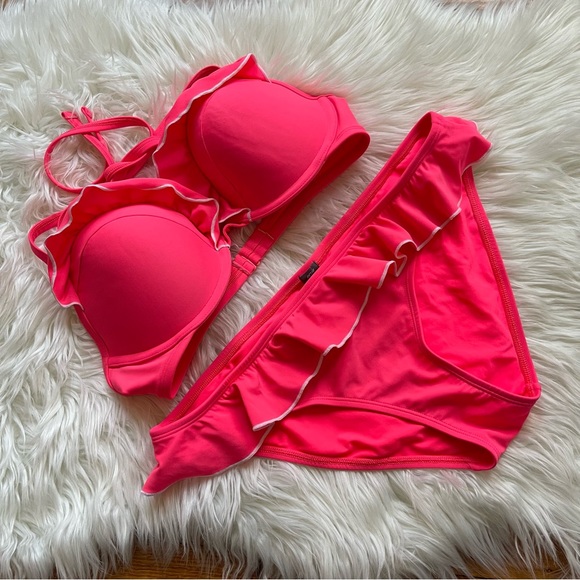 aerie Other - Aerie ruffle bikini set size 36D bra and L bottom tie hot pink with white trim